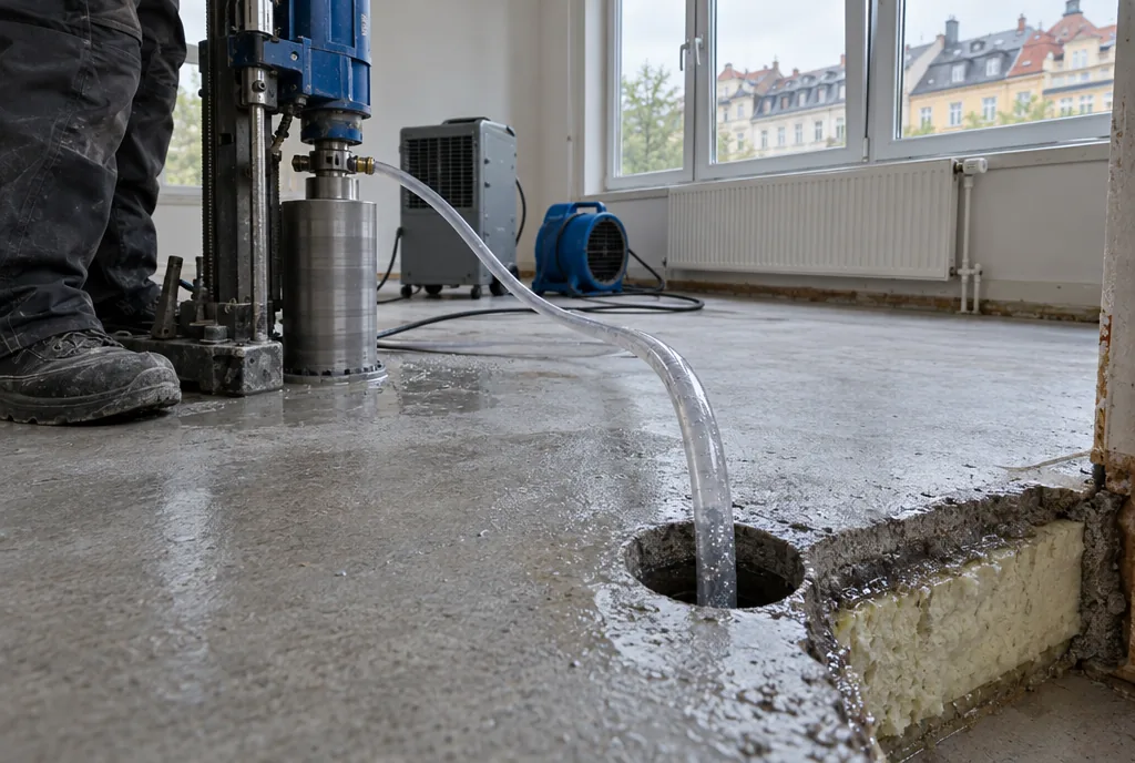 Estrich- und Dämmschichttrocknung in Leipzig: Bohrloch im Estrich mit angeschlossenem Schlauch der Unterdruckanlage