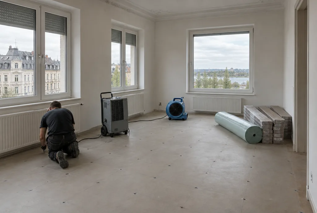 Fertig getrockneter Estrichboden nach der Dämmschichttrocknung in einer Leipziger Wohnung mit Tageslicht