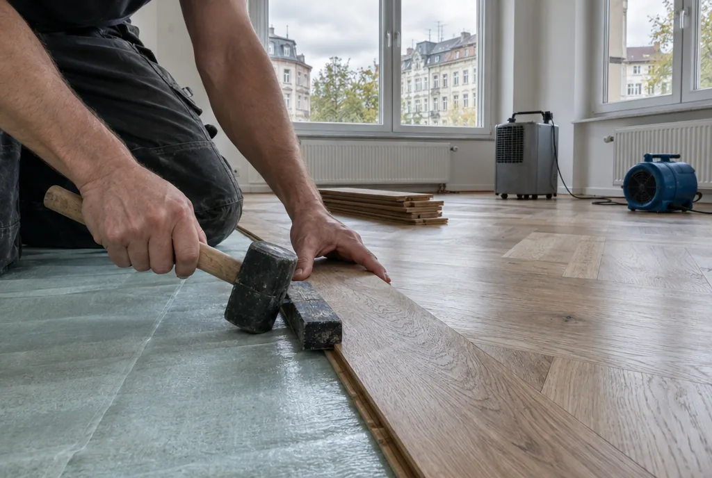 Instandsetzung nach Wasserschaden in Leipzig: Fliesenleger bringt Abdichtung und Kleber auf den getrockneten Estrich auf