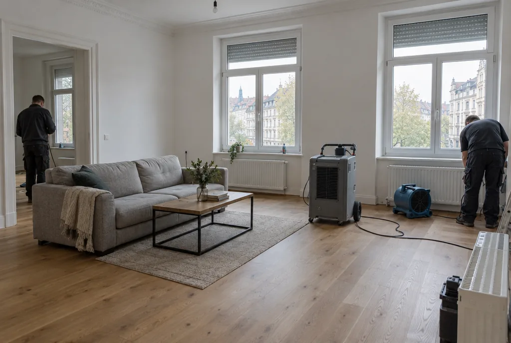 Fertig instandgesetztes Wohnzimmer in Leipzig nach Wasserschaden mit neuem Parkett und frisch gestrichenen Wänden