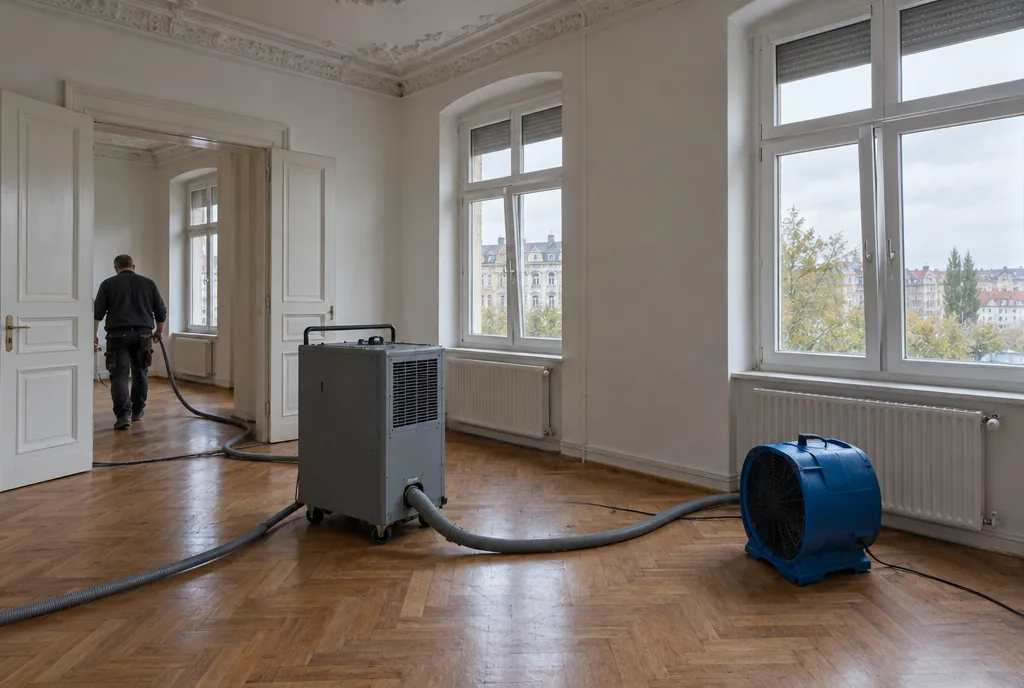 Bautrocknung in Leipzig: Kondensationstrockner und Ventilator in einem leergeräumten Wohnzimmer