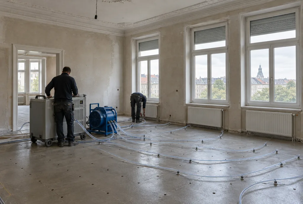 Estrichtrocknung in Leipzig: Turbine mit Schläuchen an Bohrlöchern im Estrich eines Flurs