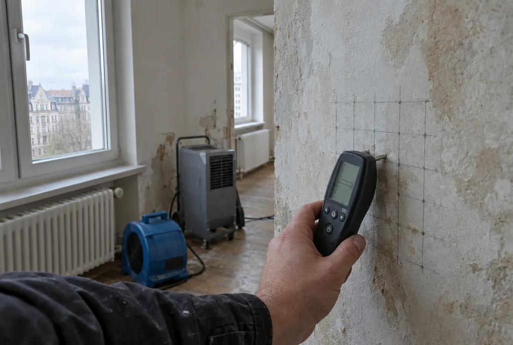 Feuchtigkeitsmessung in Leipzig: Handmessgerät an einer Wand unter einem Wasserfleck