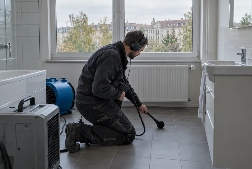 Leckageortung in Leipzig: Thermografiekamera zeigt den Verlauf einer undichten Leitung in einer Badwand