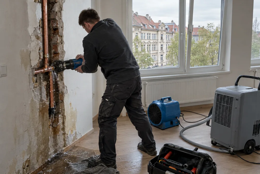 Rohrbruch-Sanierung in Leipzig: geöffnete Wand mit korrodiertem Stahlrohr und neuem Verbundrohr
