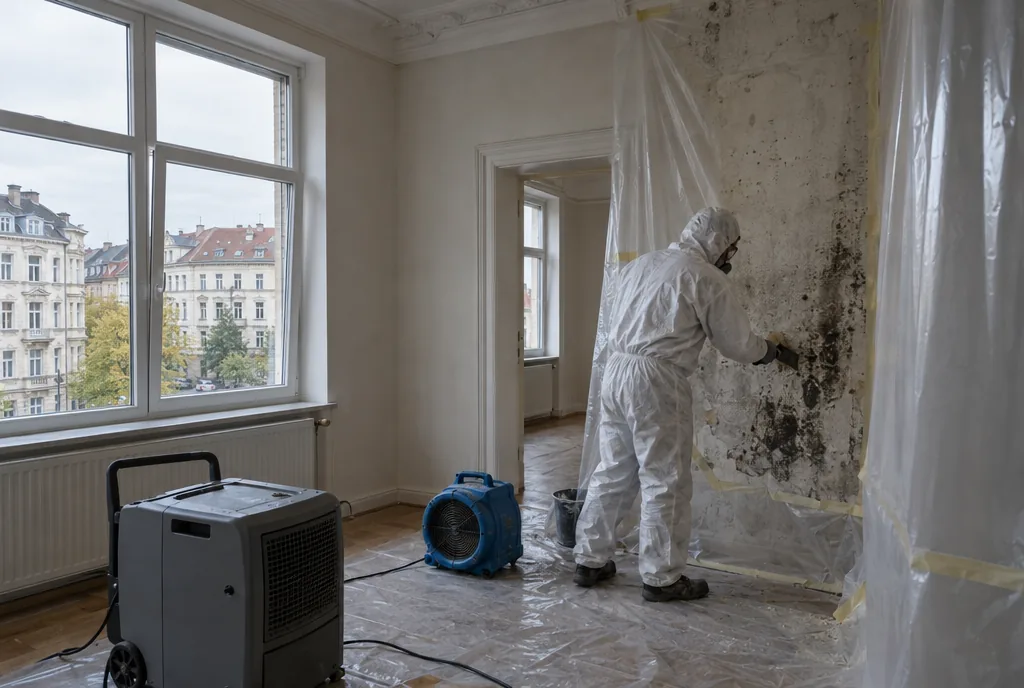 Schimmelsanierung nach Wasserschaden in Leipzig: abgeklebter Arbeitsbereich mit Folienschleuse in einer Altbauwohnung