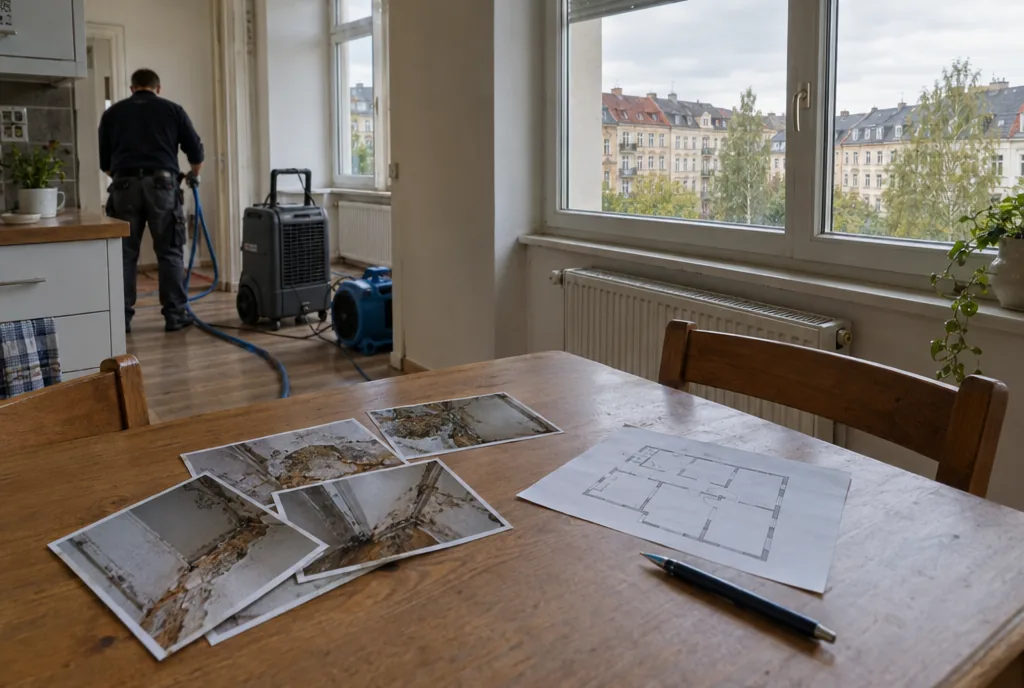 Versicherungsabwicklung nach Wasserschaden in Leipzig: Messprotokoll, Fotos und Schadenmeldung auf einem Küchentisch