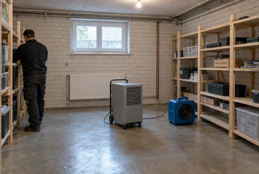 Getrockneter Keller in Leipzig nach Hochwasser mit frisch verputzter Wand und Tageslicht