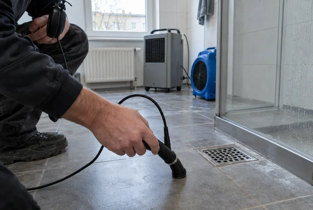Leckageortung in Leipzig: Prüfgasgerät und Feuchtemessgerät auf dem Boden einer Gründerzeitwohnung