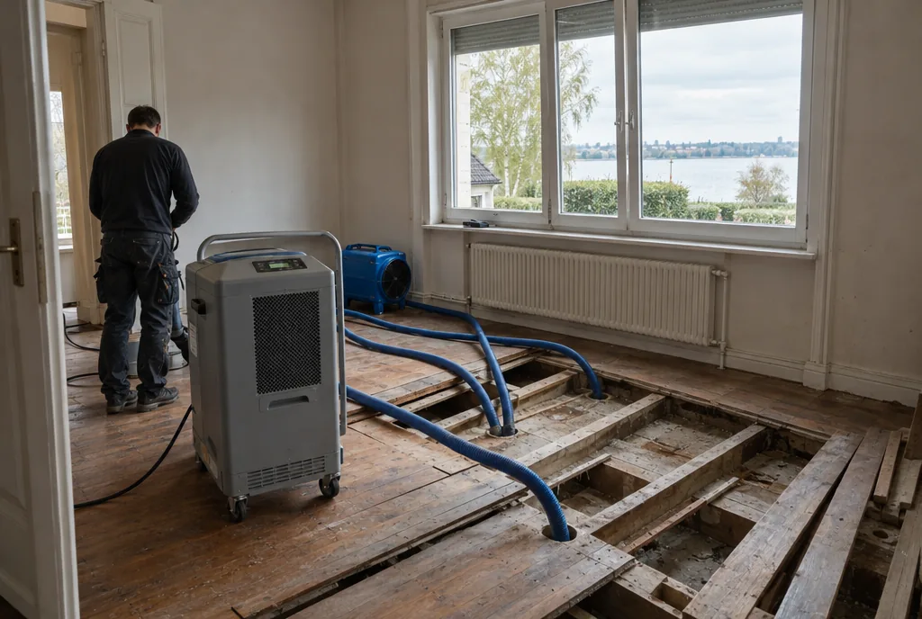 Bautrocknung nach Wasserschaden in Markkleeberg: Trocknungsgeräte in einem Zimmer einer 1920er-Villa
