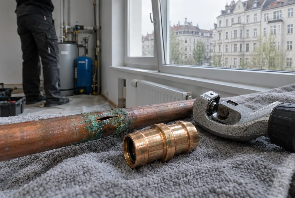Rohrbruch-Sanierung in Leipzig: Fachkraft setzt eine Pressverbindung an einer freigelegten Wasserleitung in einer Gründerzeitwohnung