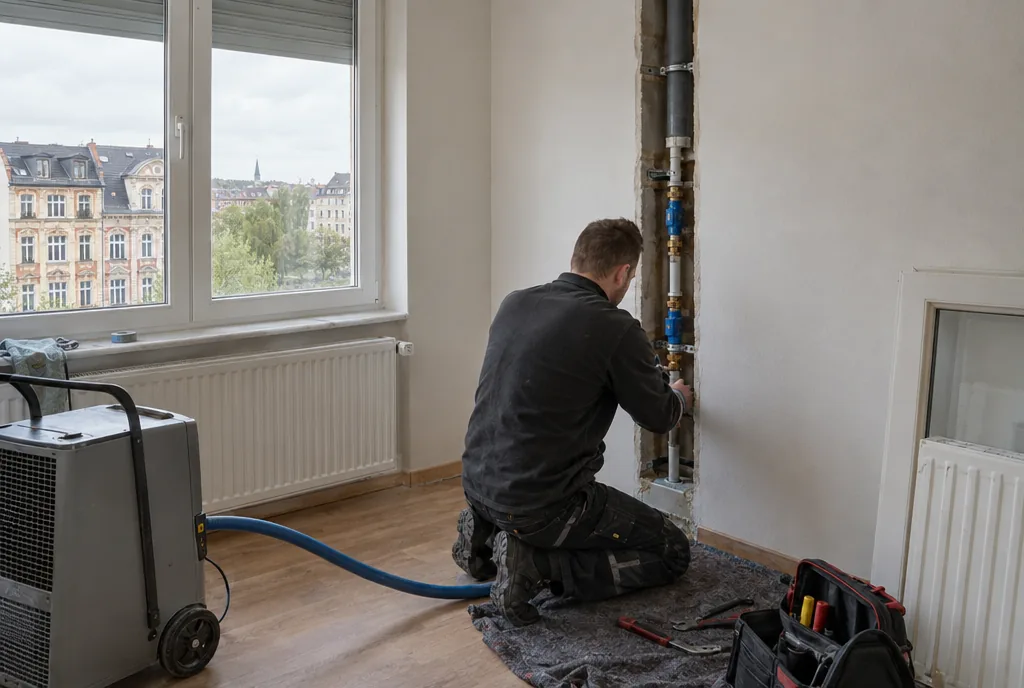 Fertige Rohrbruch-Sanierung in Leipzig: wiederhergestellte Wand und neuer Boden in einem Altbauzimmer mit Tageslicht
