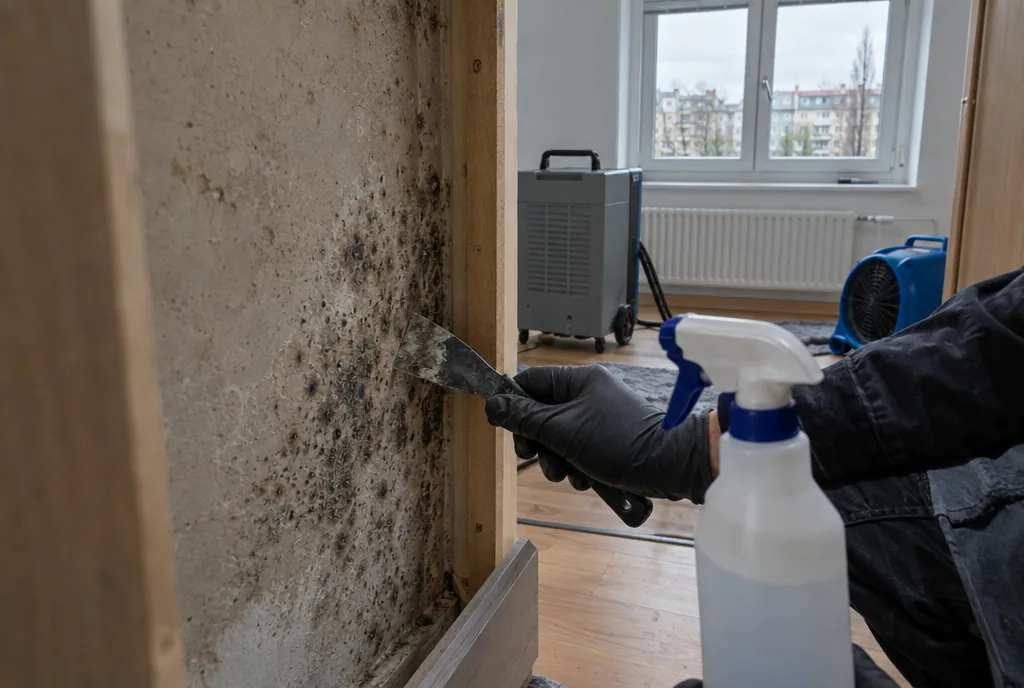 Schimmelsanierung nach Wasserschaden in Leipzig: Fachkraft trägt befallenen Putz unter Folienabschottung ab