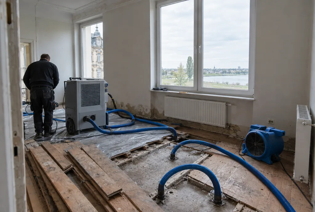 Wasserschadensanierung in Schkeuditz: Trocknungsgeräte in einem Wohnraum eines verputzten Einfamilienhauses