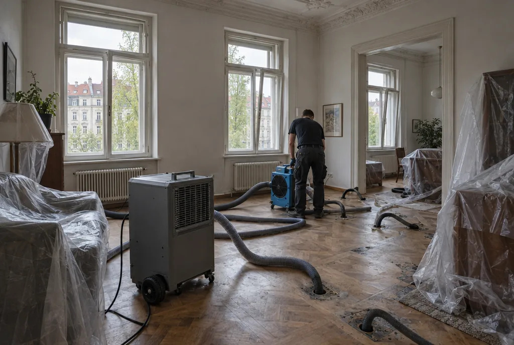 Trocknungsaufbau nach Wasserschaden in einer Leipziger Wohnung: Kondensationstrockner und Dämmschichttrocknung mit Schläuchen im Estrich