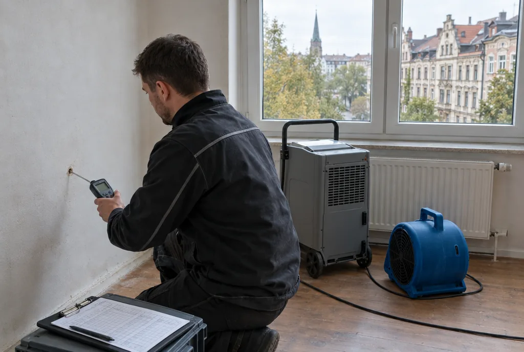 Freimessung nach der Trocknung in Leipzig: Sonde des Feuchtemessgeräts in einem frisch gebohrten Loch in der Wand