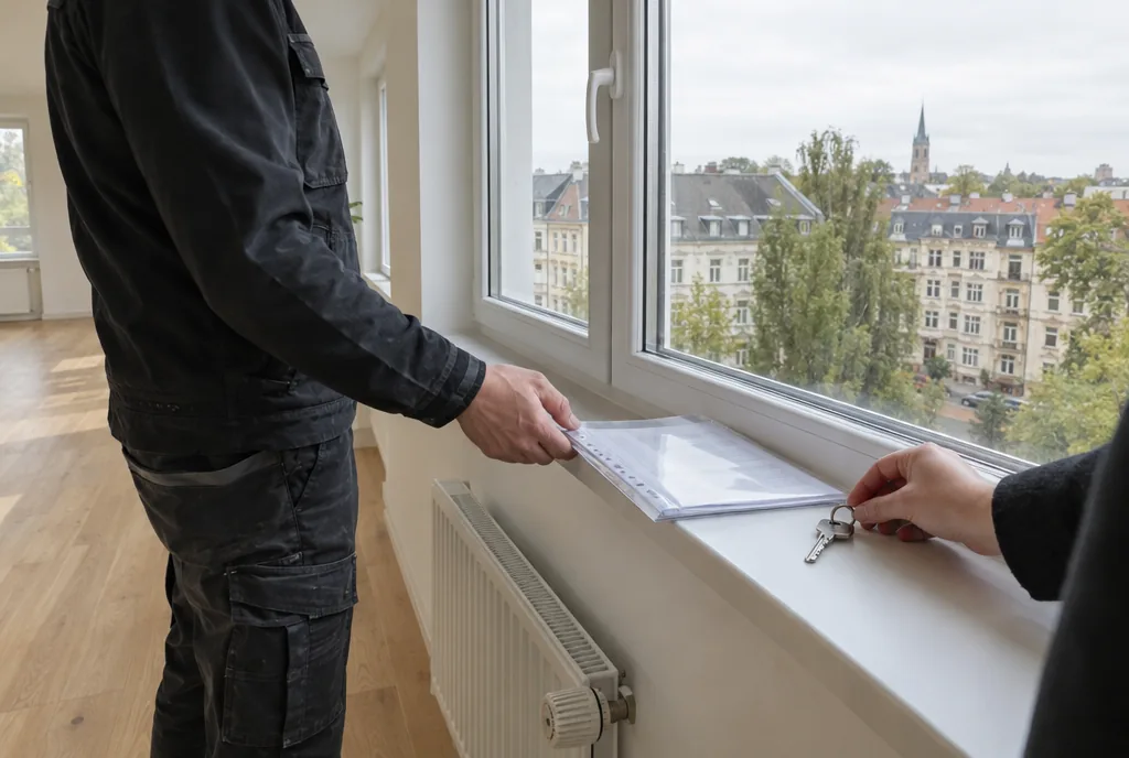 Übergabe nach der Wasserschadensanierung in Leipzig: neuer Eichenboden, Protokollmappe und Schlüssel auf der Fensterbank