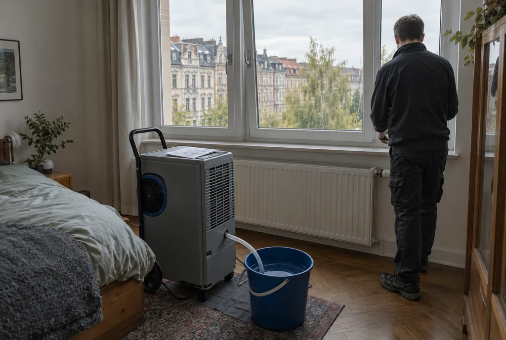 Getrocknetes Wohnzimmer in Leipzig nach der Miete von Trocknungsgeräten, Dielenboden und Wand wieder frei