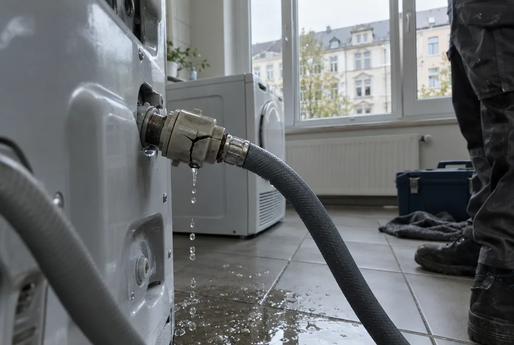Feuchtemessung am Laminat neben einer ausgelaufenen Waschmaschine in einer Leipziger Wohnung