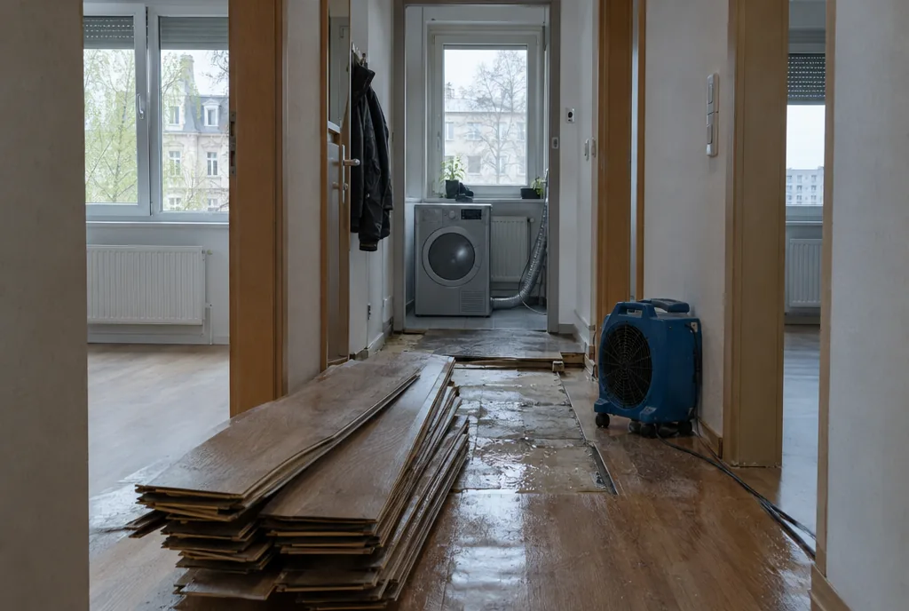 Getrockneter und neu verlegter Küchenboden nach ausgelaufener Spülmaschine in Leipzig