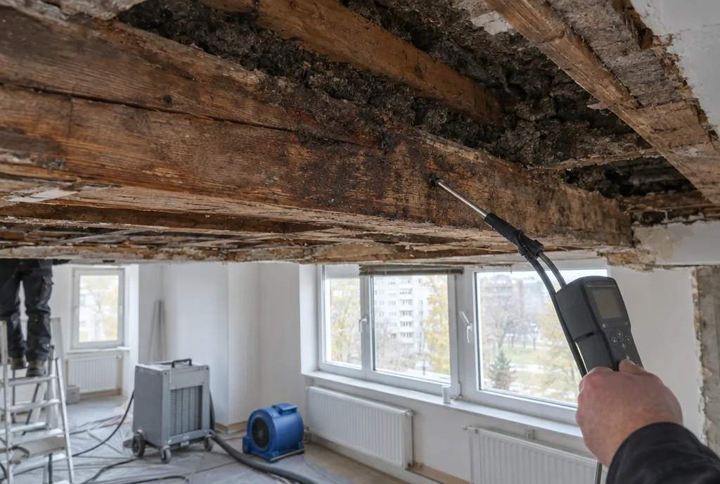Wasserschaden im Altbau in Leipzig: Feuchtemessung an einer geöffneten Holzbalkendecke mit Einschub