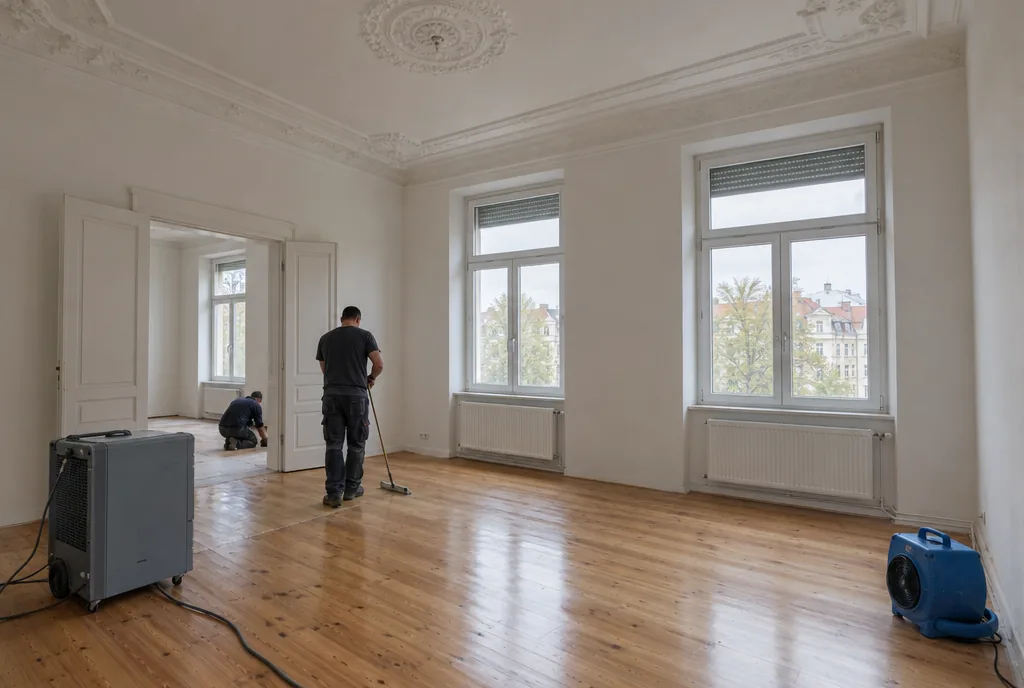 Wiederhergestellte Stuckdecke und Dielenboden nach einem Wasserschaden im Altbau in Leipzig