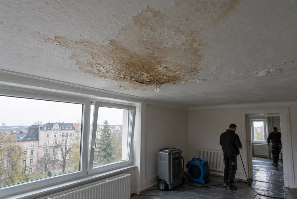 Feuchtemessung an einer nassen Holzbalkendecke nach Wasserschaden in einer Leipziger Gründerzeitwohnung