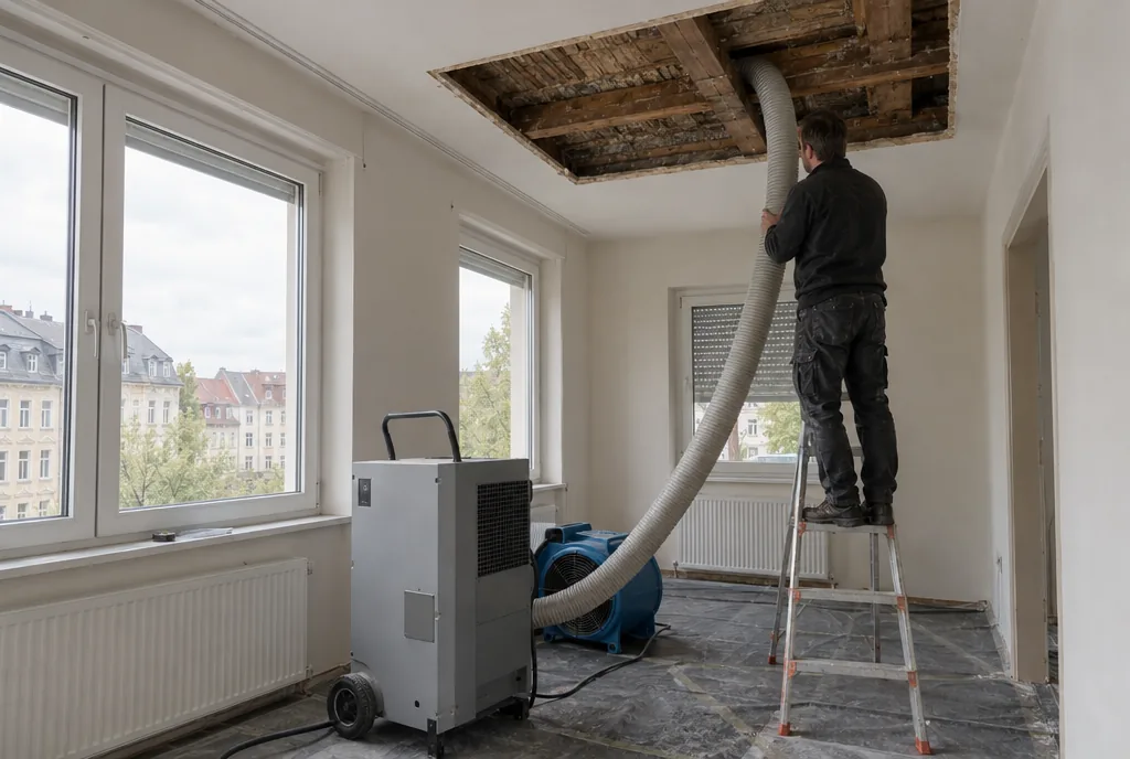 Wiederhergestellte Zimmerdecke mit Stuck nach Wasserschaden an der Decke in Leipzig
