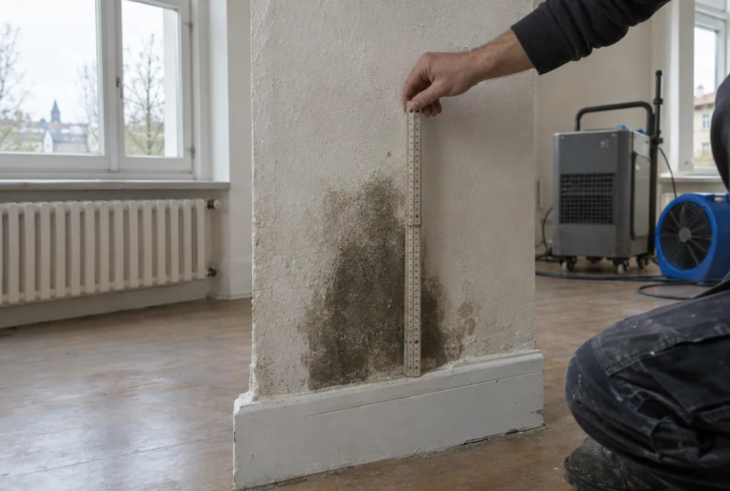 Feuchtemessung an einer Wand in einer Leipziger Altbauwohnung zur Ermittlung der Wasserschaden Kosten