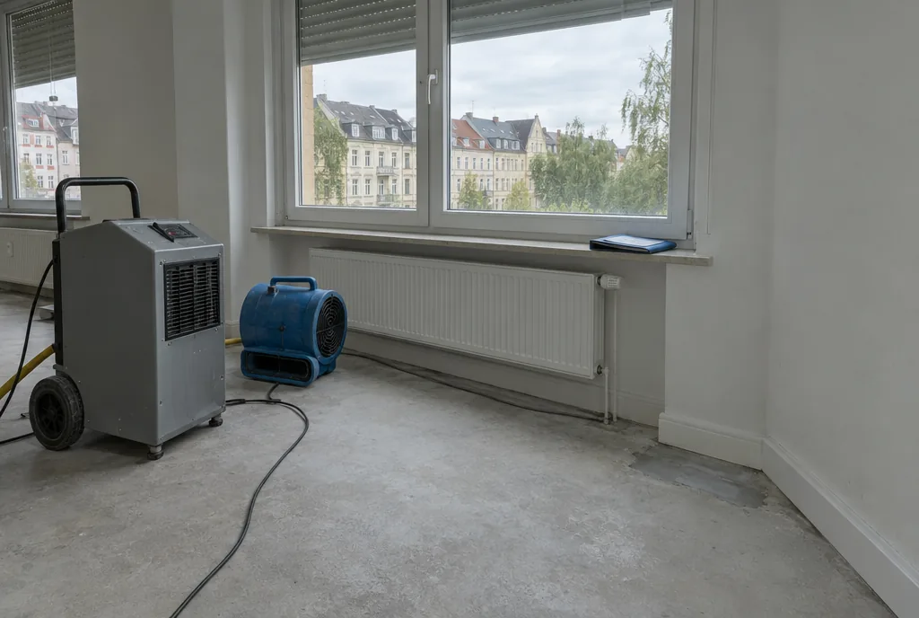 Getrocknetes und neu gestrichenes Wohnzimmer nach einem Wasserschaden in Leipzig