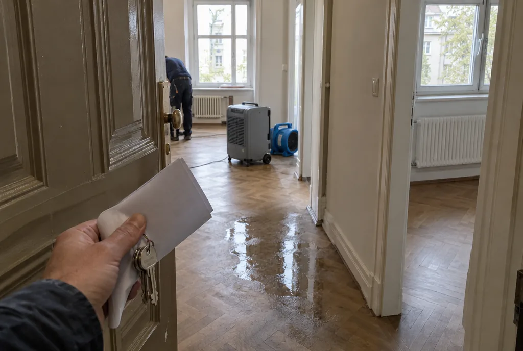 Feuchtemessung an der Wand einer Mietwohnung in Leipzig nach einem Wasserschaden