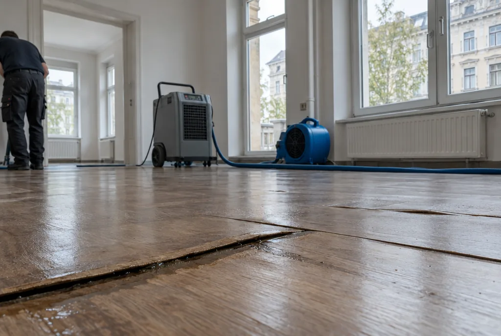 Feuchtemessung an aufgequollenem Laminat nach Wasserschaden in einer Leipziger Wohnung